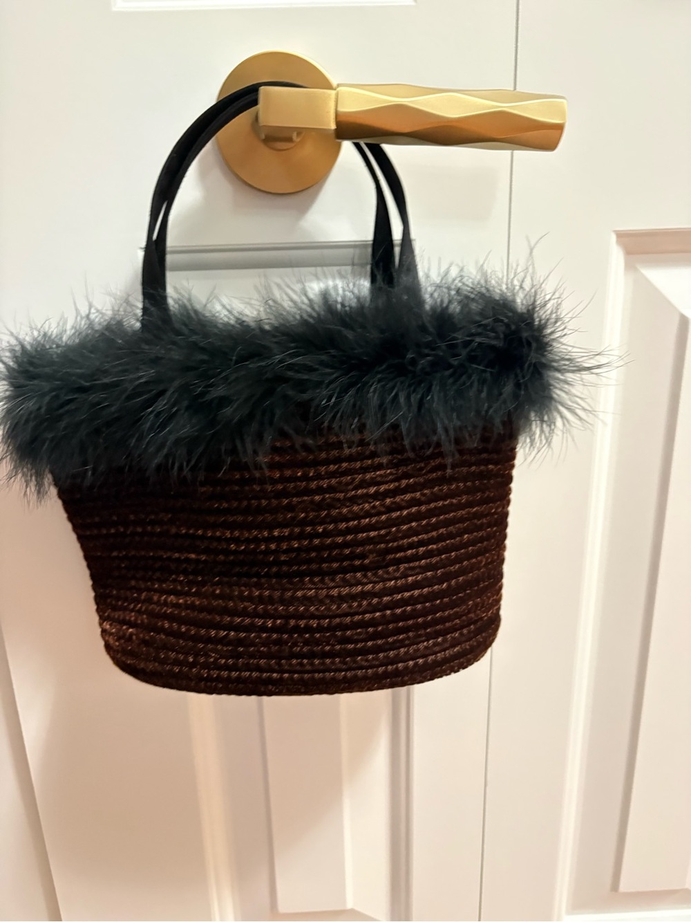 Women's Brown velvet handle bag with Black Feather Trim